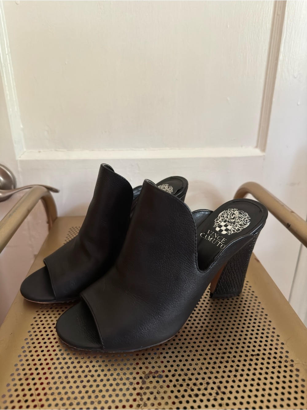 Vince Camuto Black Leather Peep-Toe Mule Heels